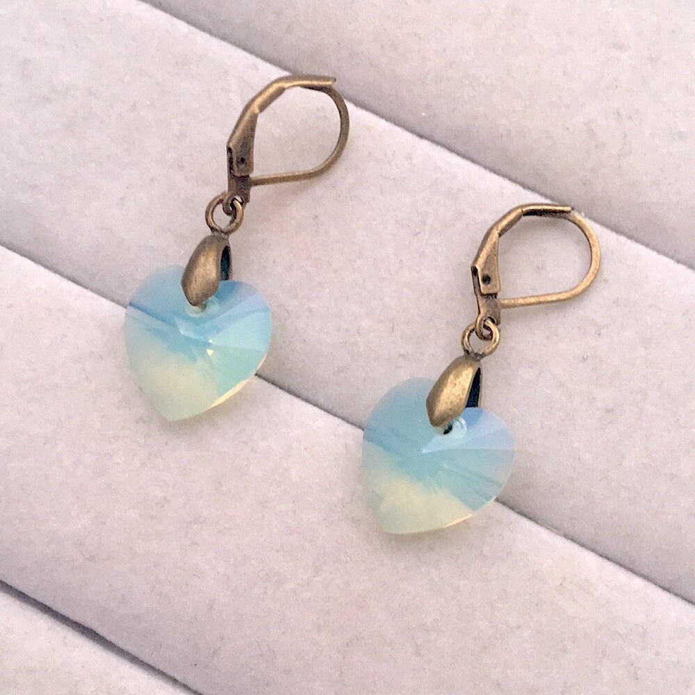 Chrysolite Opal + Antique Brass Crystal Heart Drop Earrings - Picture 2 of 4